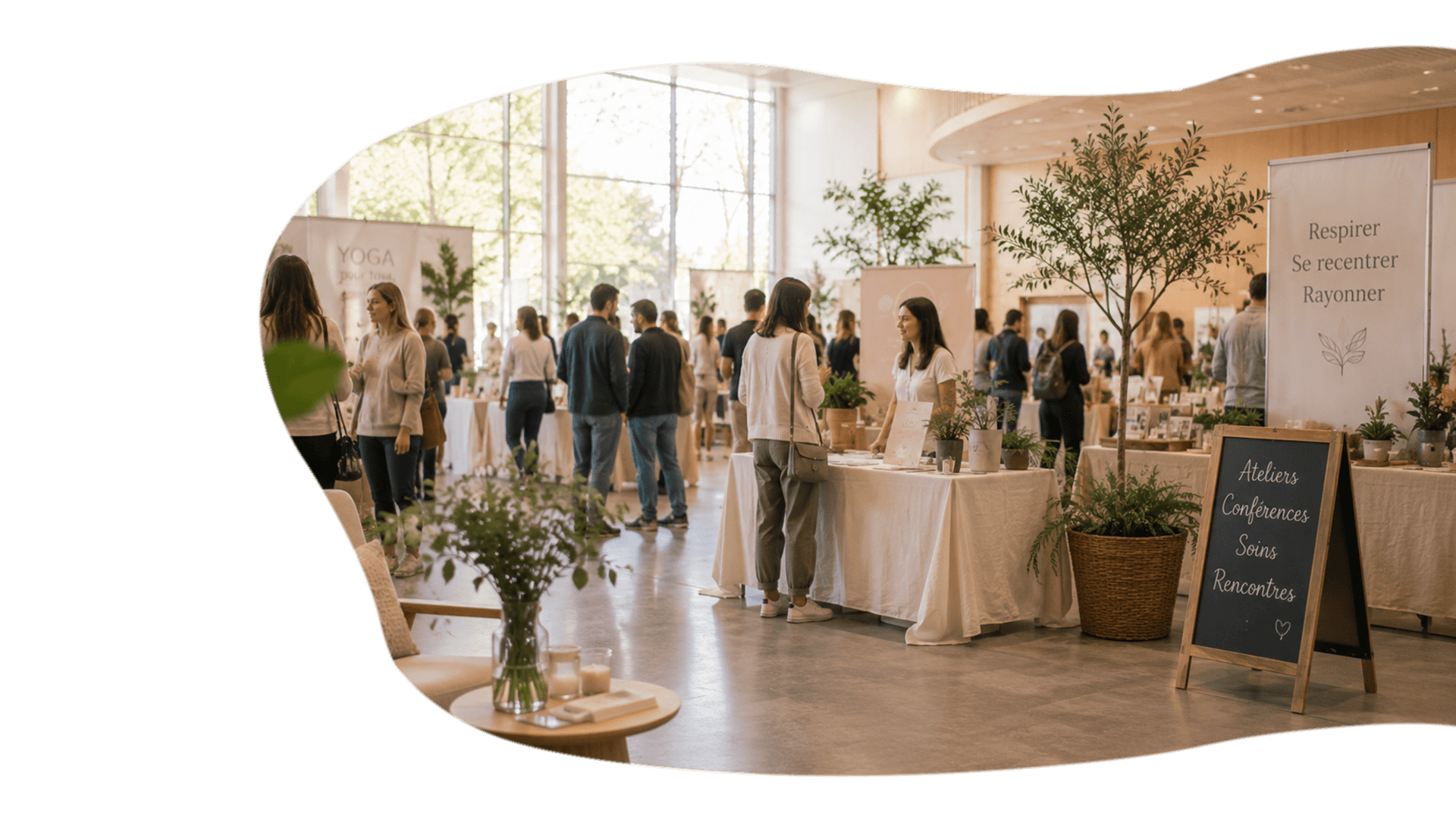 Visiteurs échangeant dans un salon bien-être